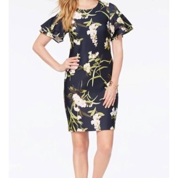 Tommy Hilfiger Dark Blue Floral Dress Size 4 Sheath Stretch Designer Chic - Picture 1 of 10